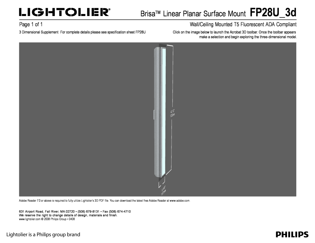 Lightolier FP28U_3d manual Brisa Linear Planar Surface Mount FP28U 3d, Page  of, Lightolier is a Philips group brand 