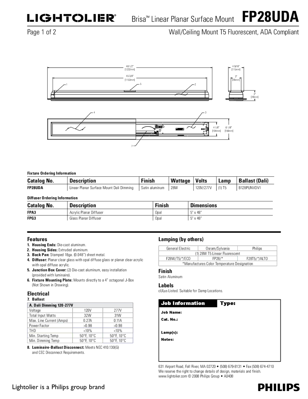 Lightolier FP28UDA dimensions Catalog No Description, Features, Electrical, Lamping by others, Labels 