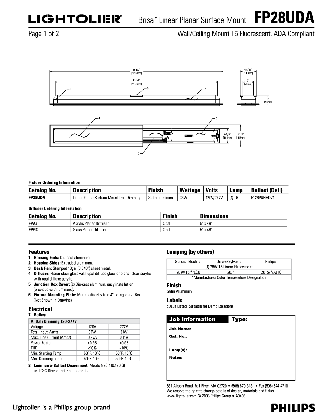 Lightolier dimensions Brisa Linear Planar Surface MountFP28UDA, Page  of, Lightolier is a Philips group brand 
