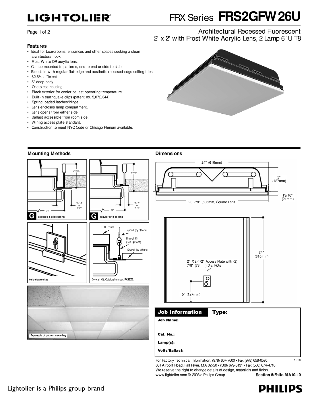 Lightolier FRS2GFW 26U dimensions Features, Mounting Methods, Dimensions, 24 610mm 127mm, 23-7/8 606mm Square Lens 610mm 