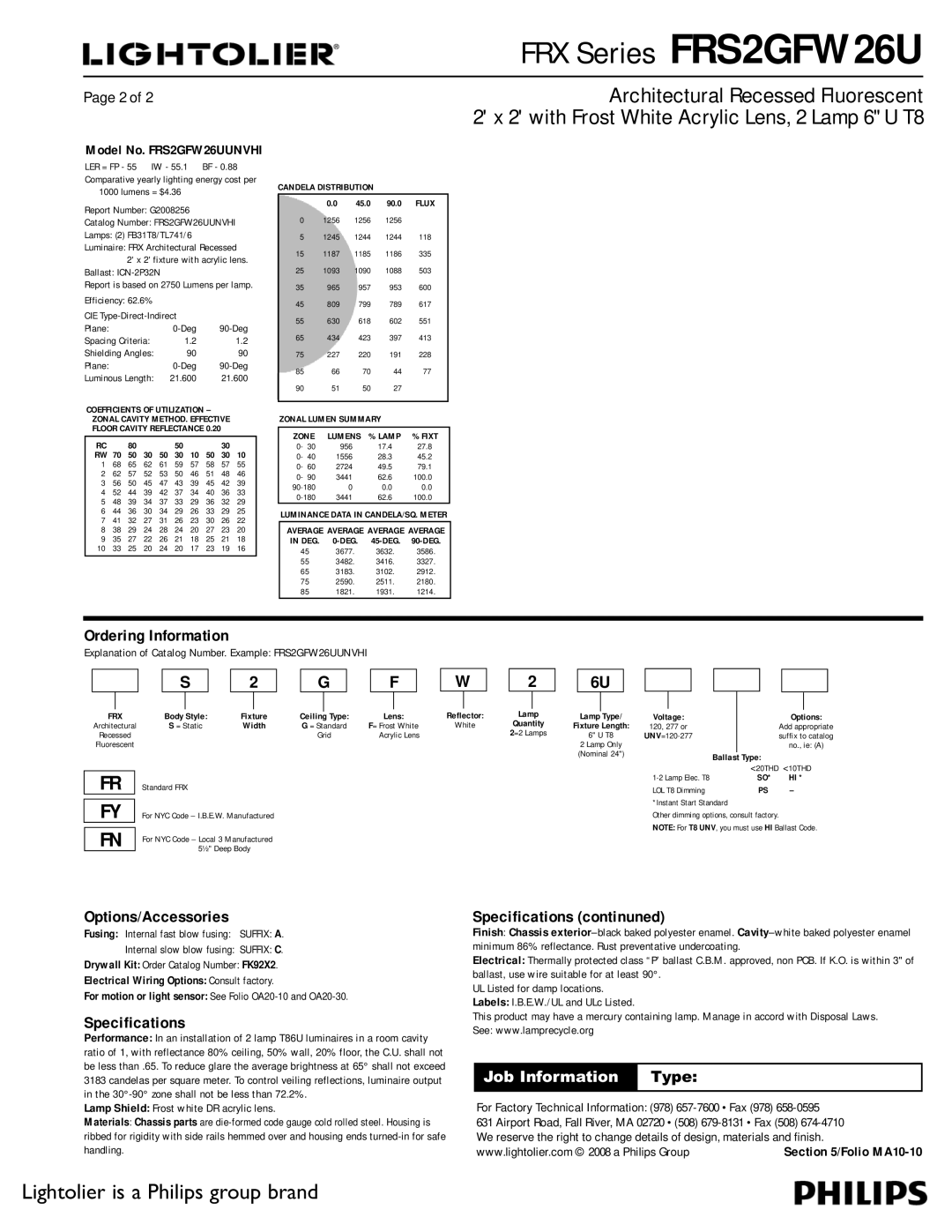 Lightolier FRS2GFW 26U dimensions Ordering Information, Options/Accessories, Specifications continuned 