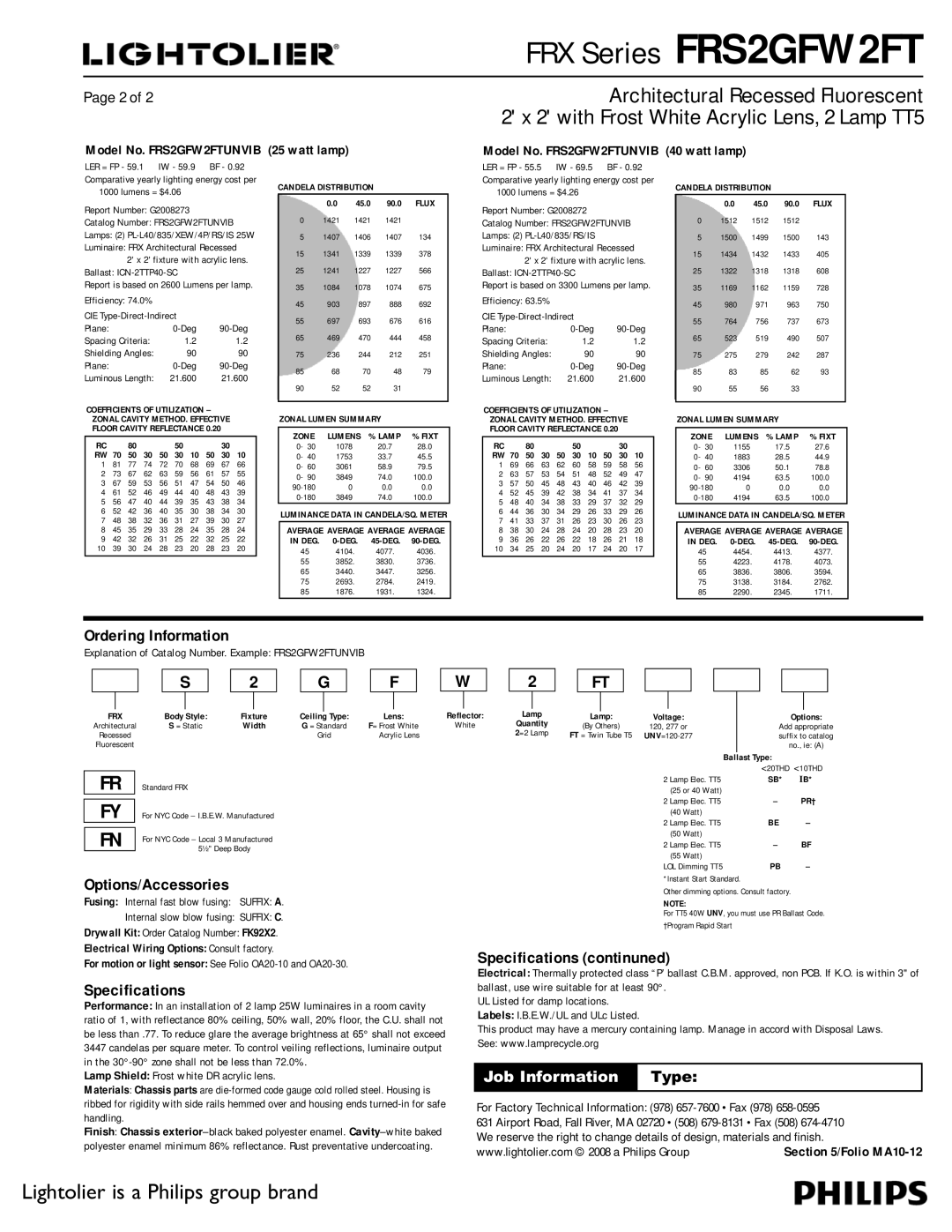 Lightolier FRS2GFW2FT dimensions Ordering Information, Options/Accessories, Specifications continuned 