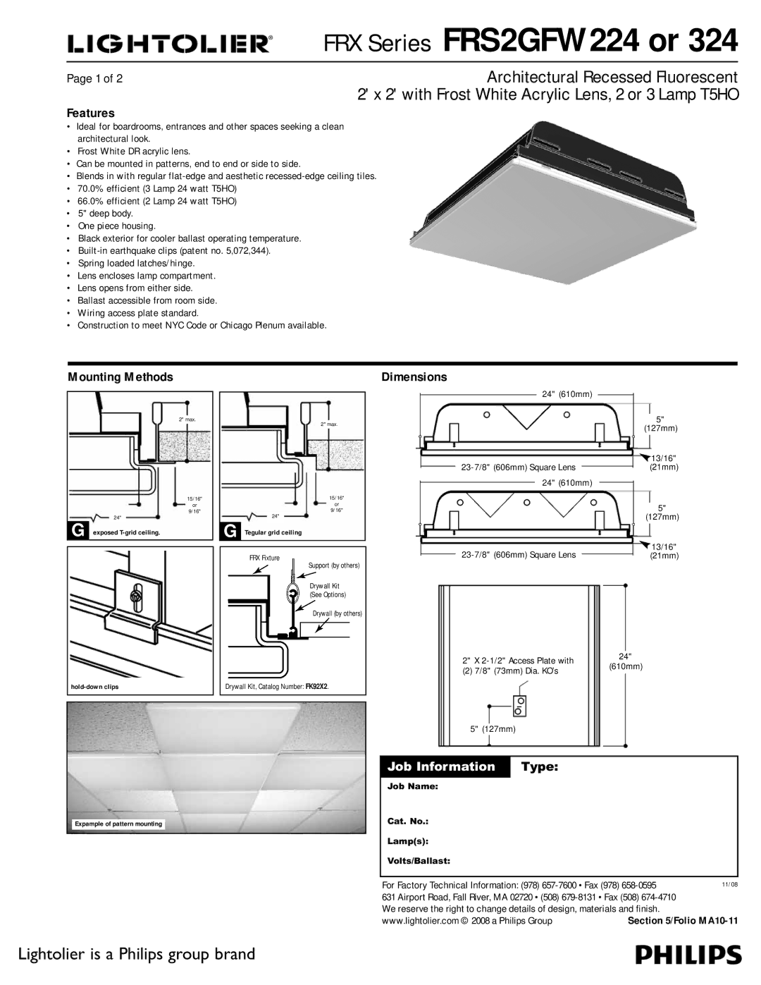 Lightolier FRS2GFW224, FRS2GFW324 dimensions Features, Mounting Methods, Dimensions 