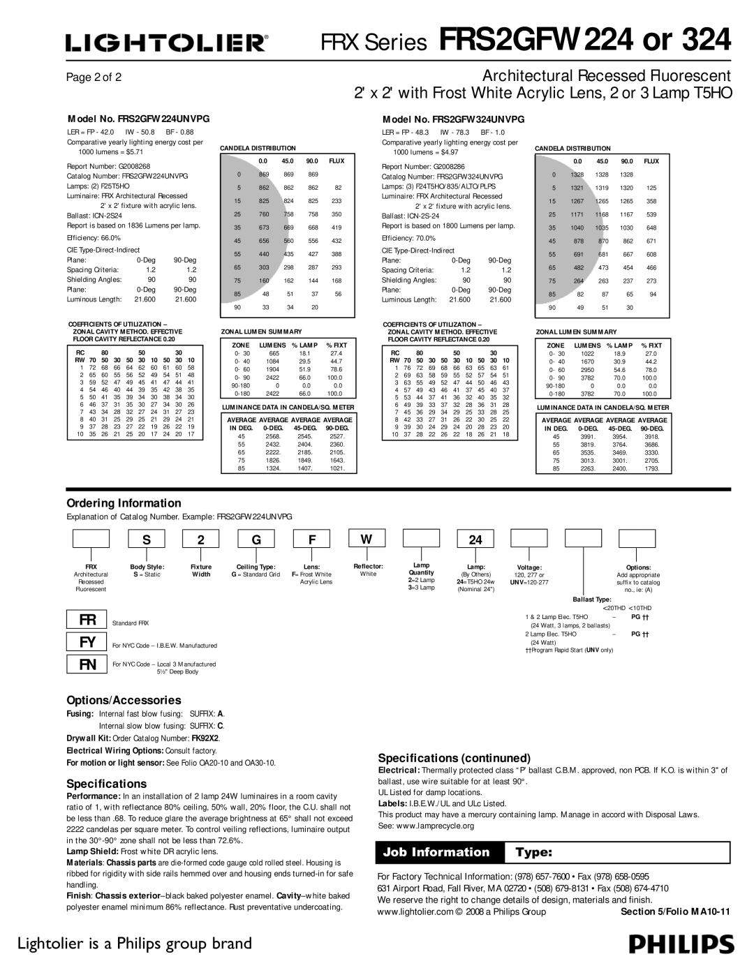 Lightolier FRS2GFW324, FRS2GFW224 dimensions Ordering Information, Options/Accessories, Specifications continuned 