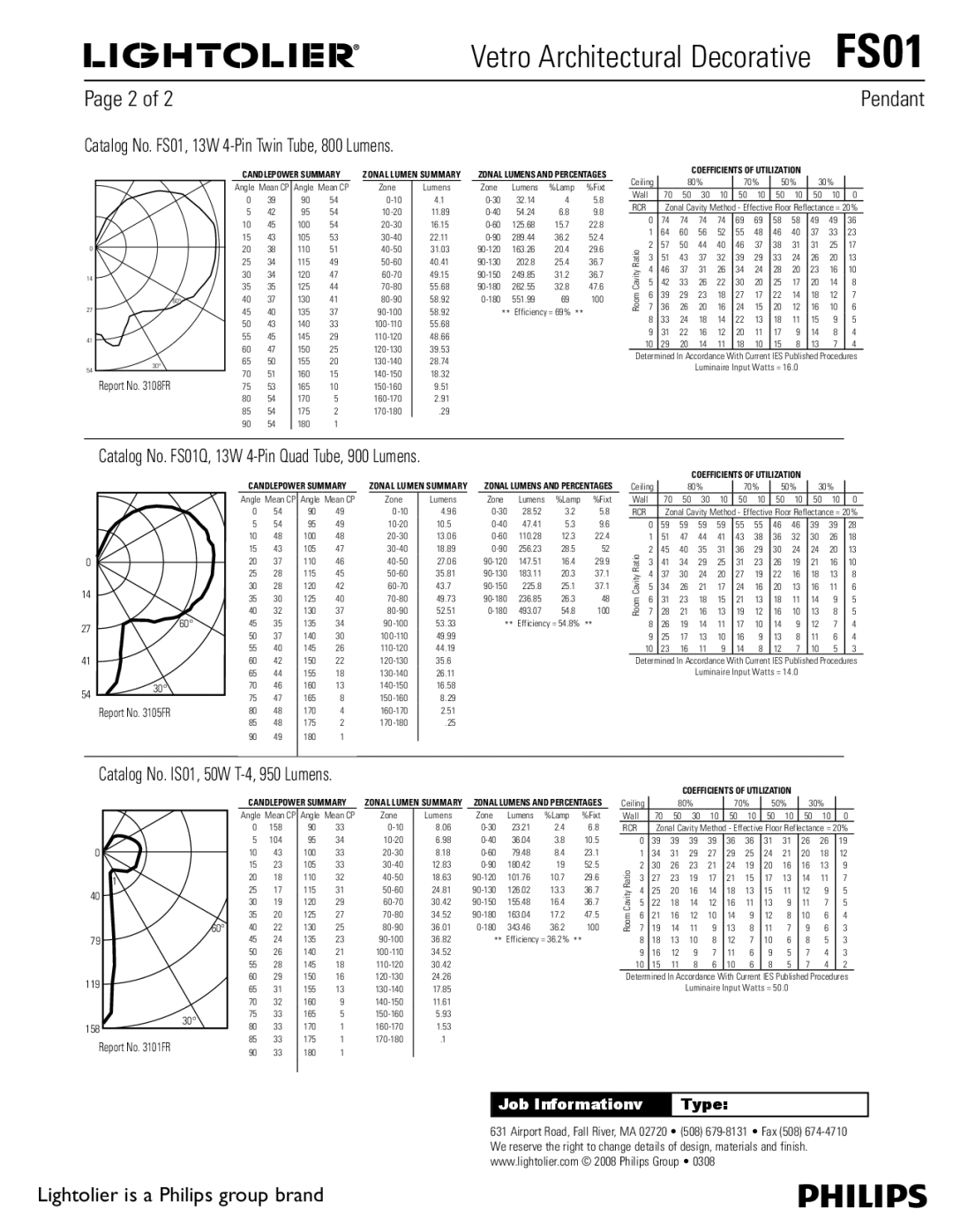 Lightolier manual Catalog No. FS01, 13W 4-Pin Twin Tube, 800 Lumens, Catalog No. FS01Q, 13W 4-Pin Quad Tube, 900 Lumens 