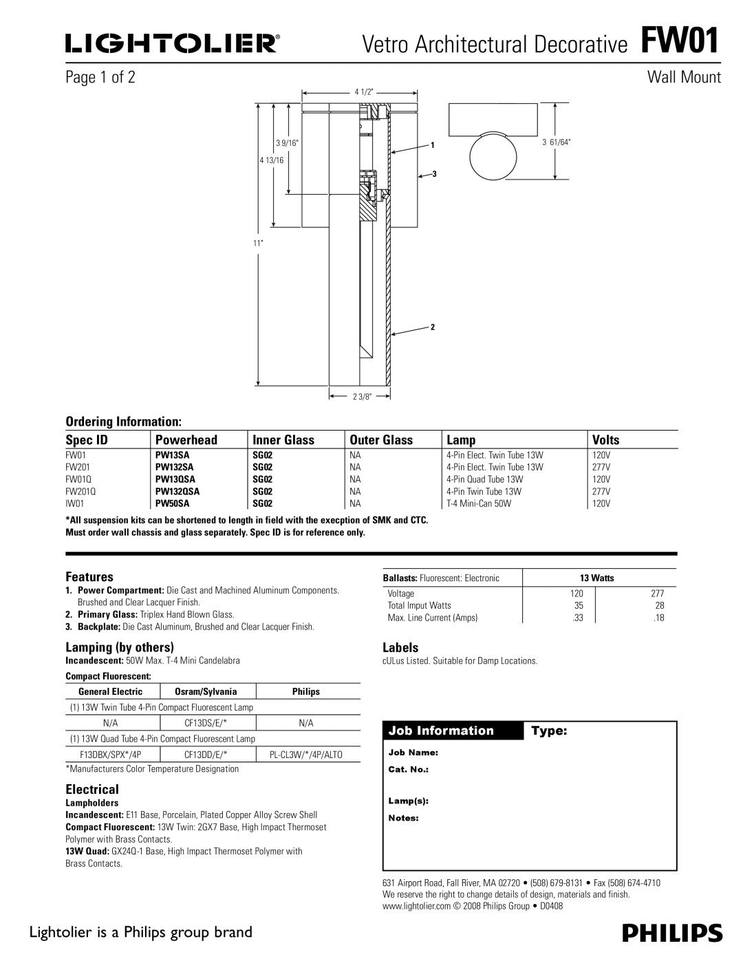 Lightolier FW01 manual Features, Lamping by others, Electrical, Labels 