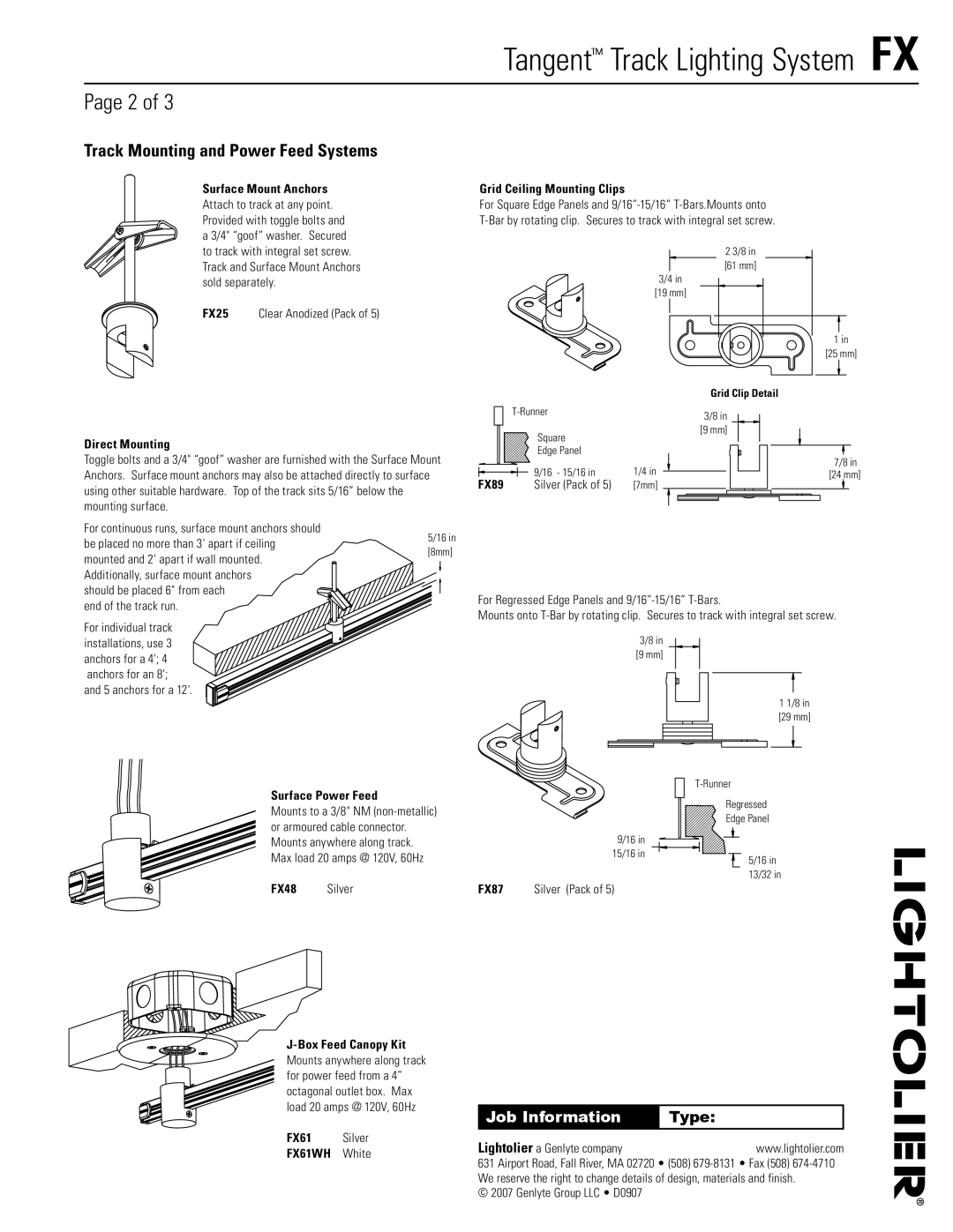 Lightolier manual Track Mounting and Power Feed Systems, Direct Mounting, Surface Power Feed, FX61WH White 