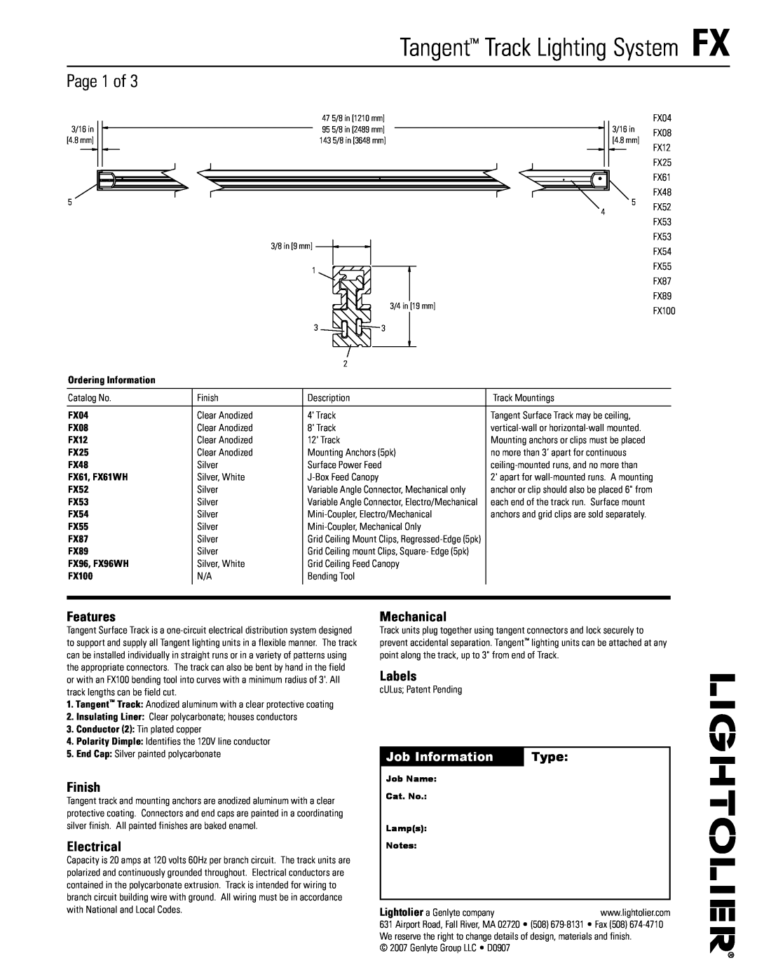 Lightolier FX manual Page, Features, Finish, Electrical, Mechanical, Labels, Job Information, Type, Ordering Information 