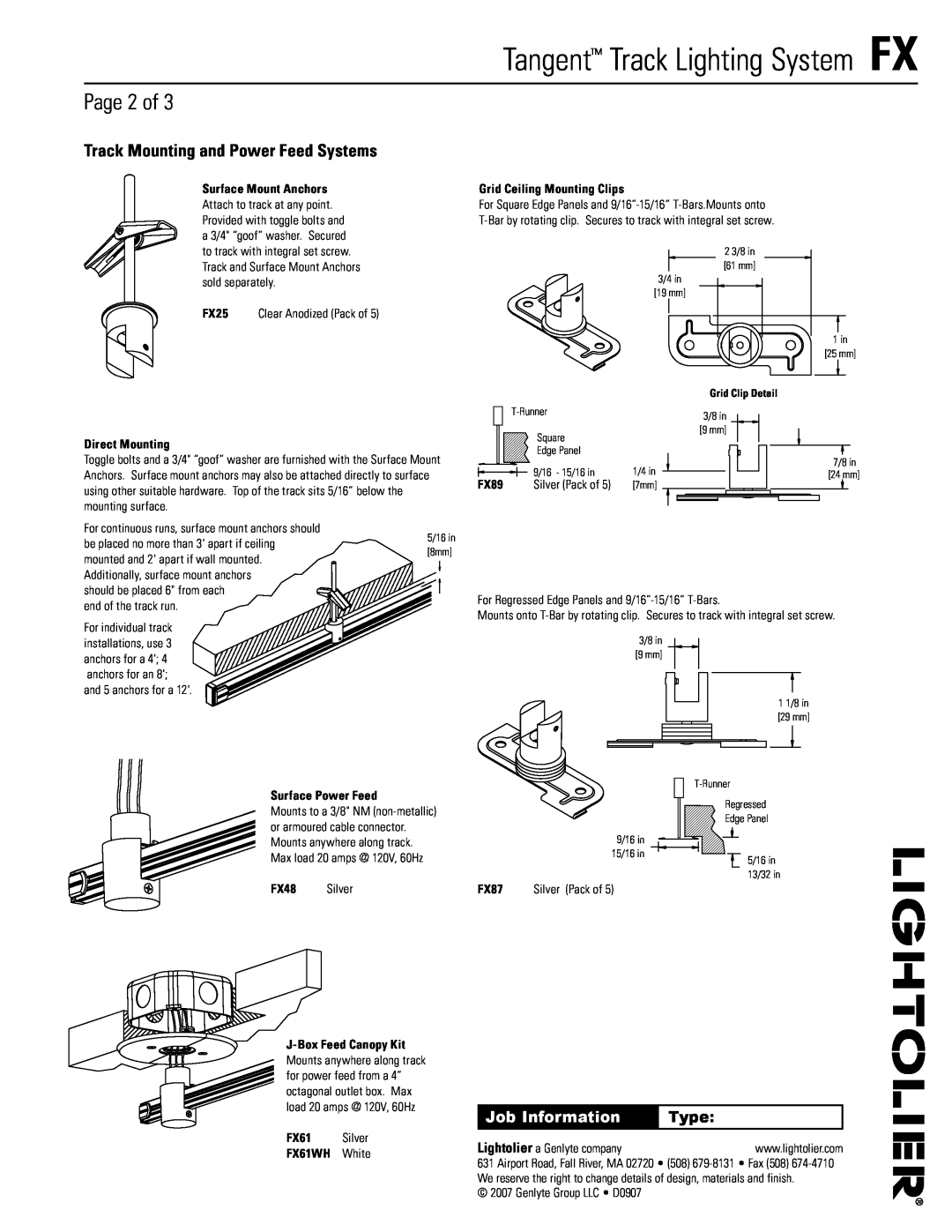 Lightolier Page of, Track Mounting and Power Feed Systems, Type, Direct Mounting, Surface Power Feed, FX61WH White 