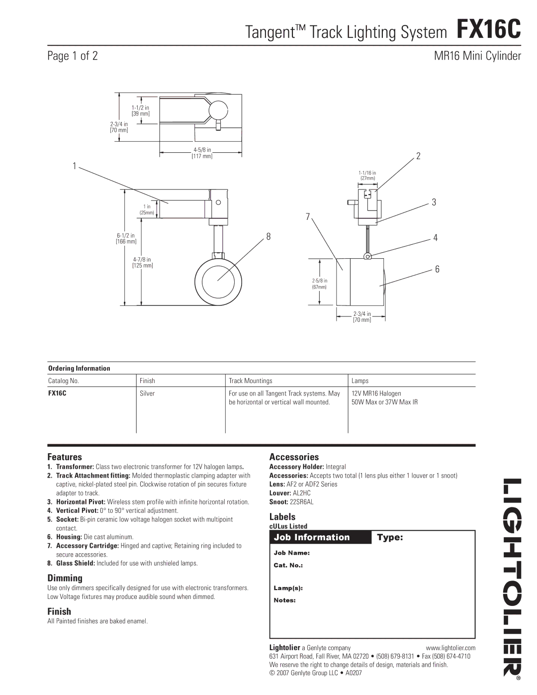 Lightolier FX16C manual Features, Dimming, Finish, Accessories, Labels 