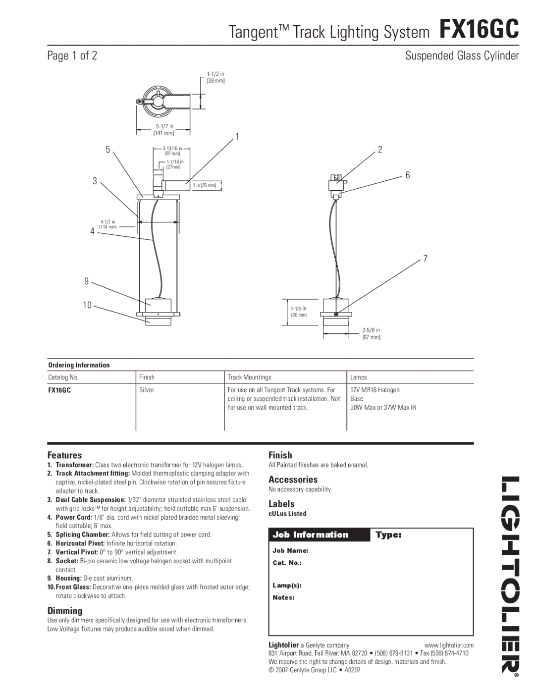 Lightolier FX16GC manual Features, Dimming, Finish, Accessories, Labels 