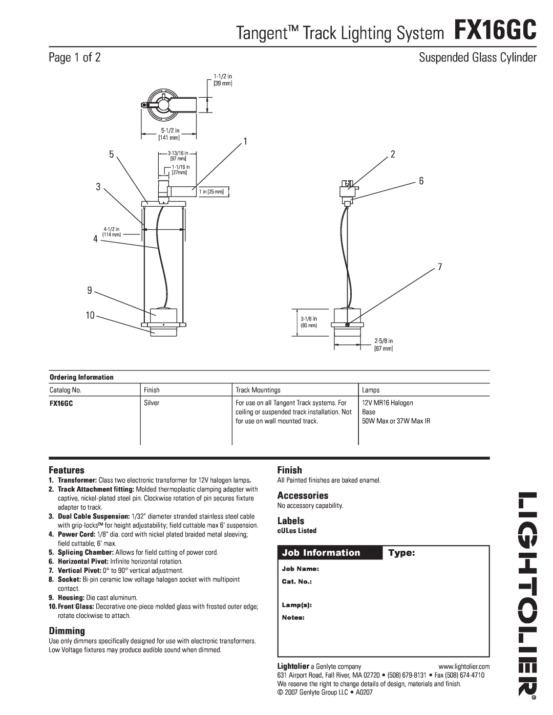 Lightolier manual Tangent Track Lighting System FX16GC, Page of, Suspended Glass Cylinder, Features, Dimming, Finish 