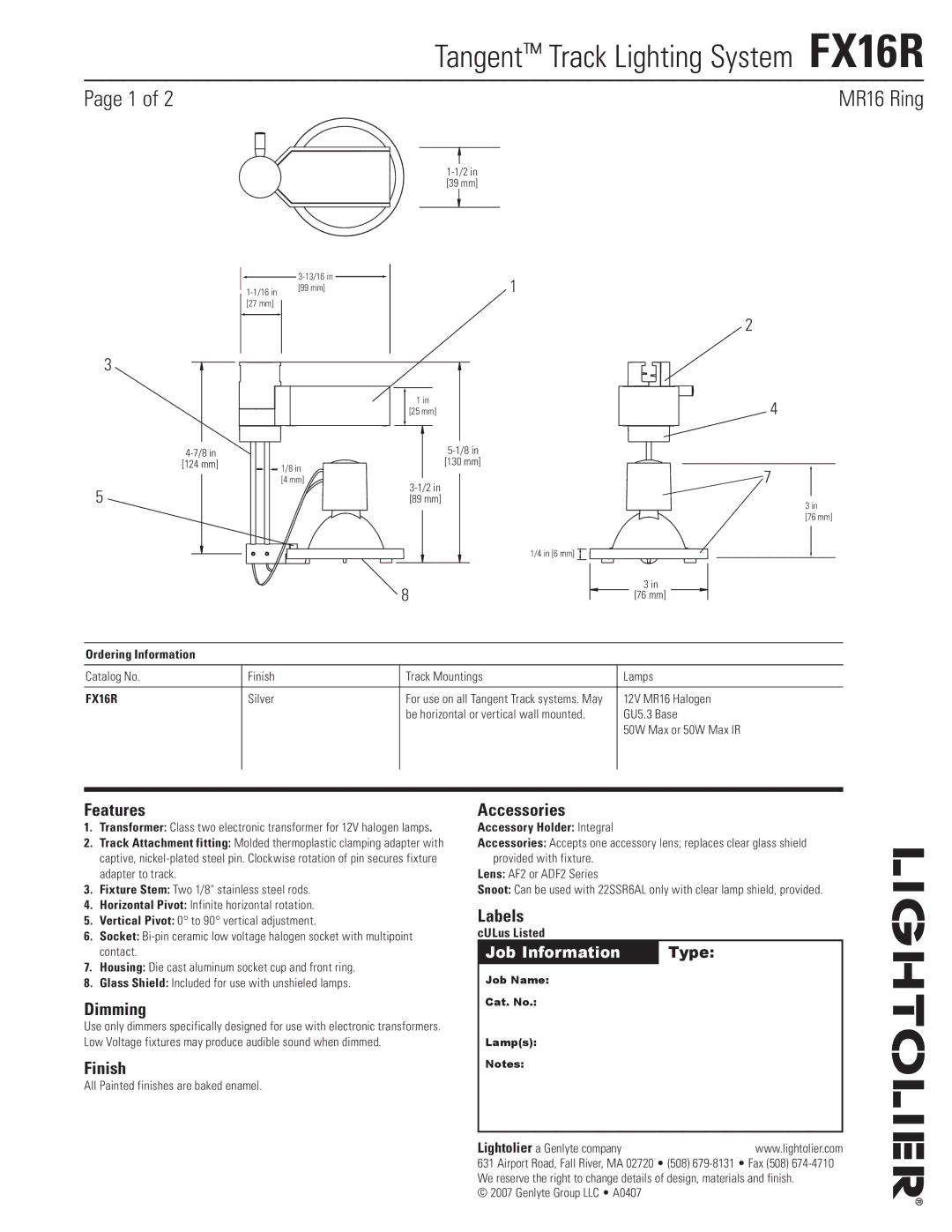 Lightolier FX16R manual Features, Dimming, Finish, Accessories, Labels 