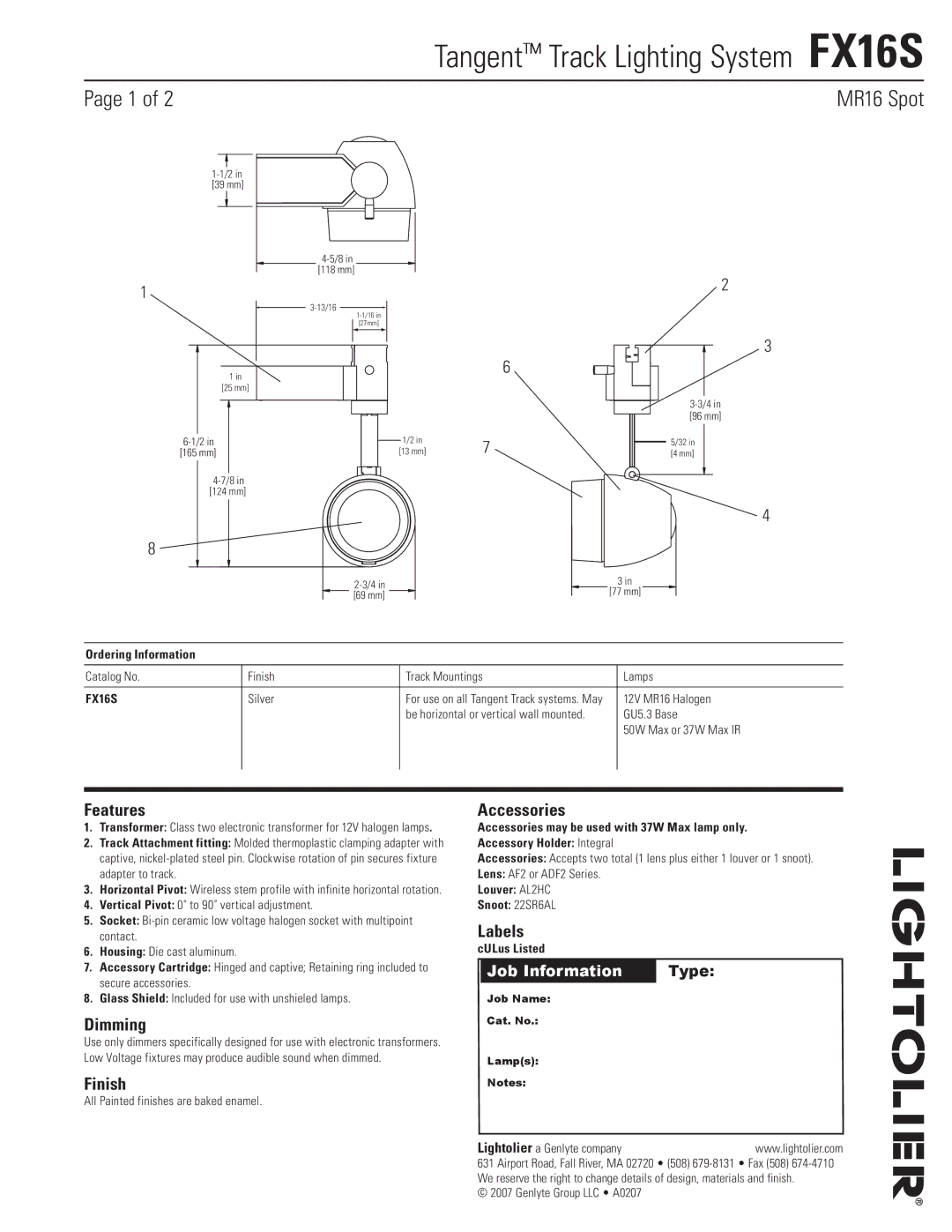 Lightolier FX16S manual Features, Dimming, Finish, Accessories, Labels 