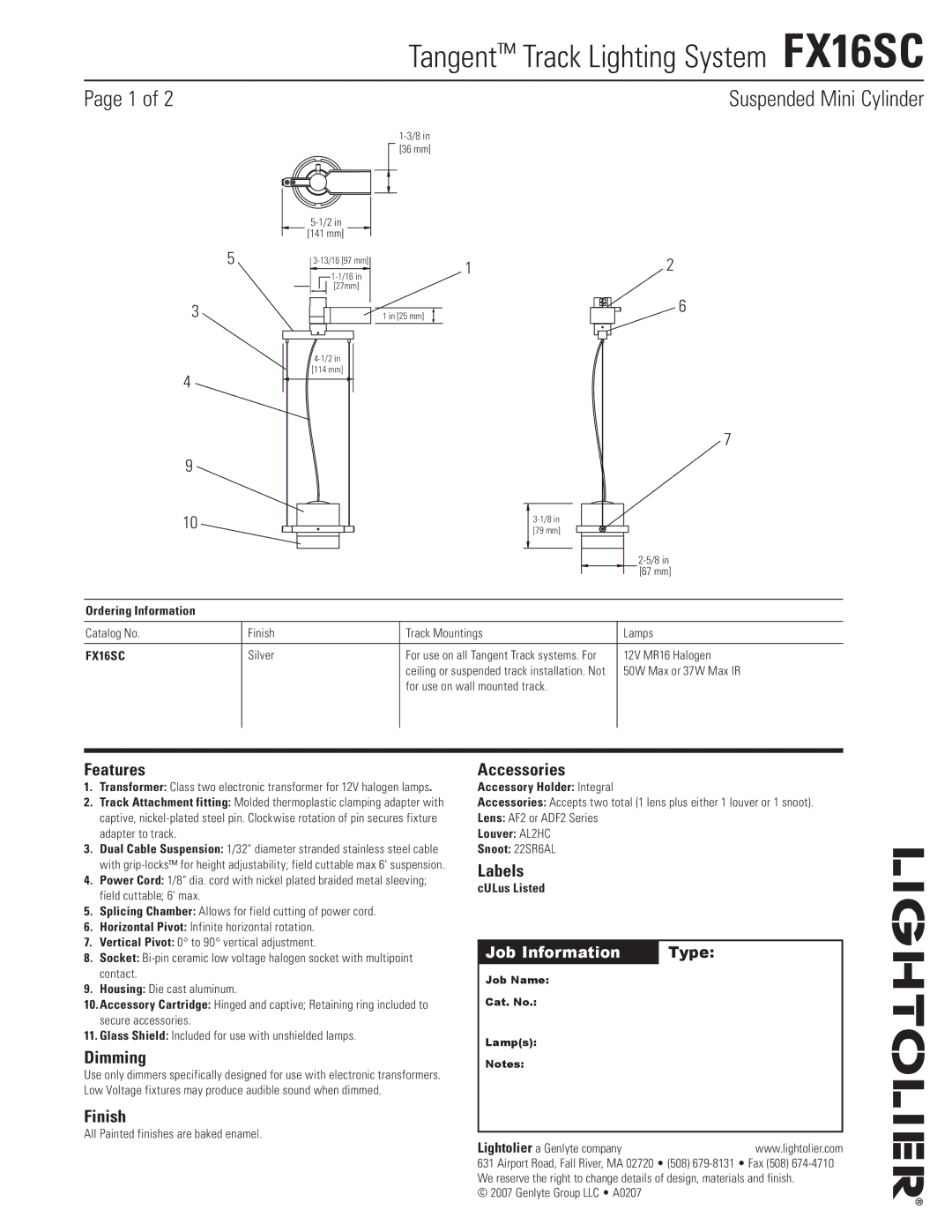 Lightolier FX16SC manual Features, Dimming, Finish, Accessories, Labels 