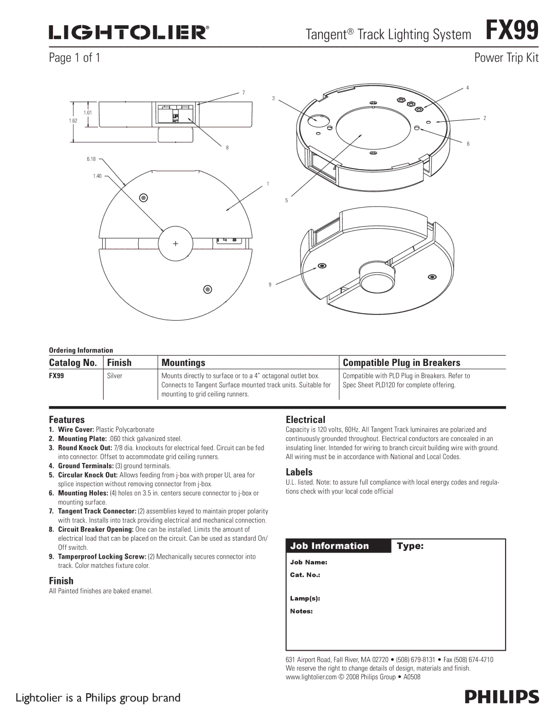 Lightolier manual Tangent Track Lighting System FX99, Power Trip Kit, Lightolier is a Philips group brand 