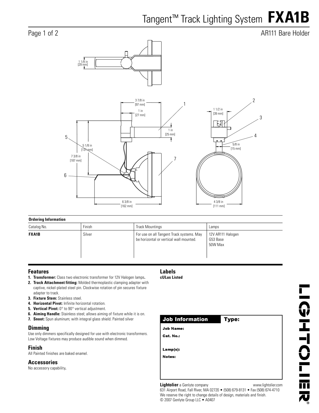 Lightolier manual Tangent Track Lighting System FXA1B, AR111 Bare Holder 