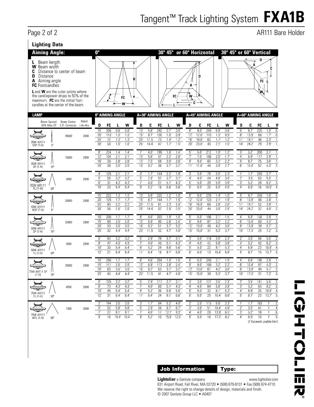 Lightolier FXA1B manual Job Information, Type, Lightolier a Genlyte company 
