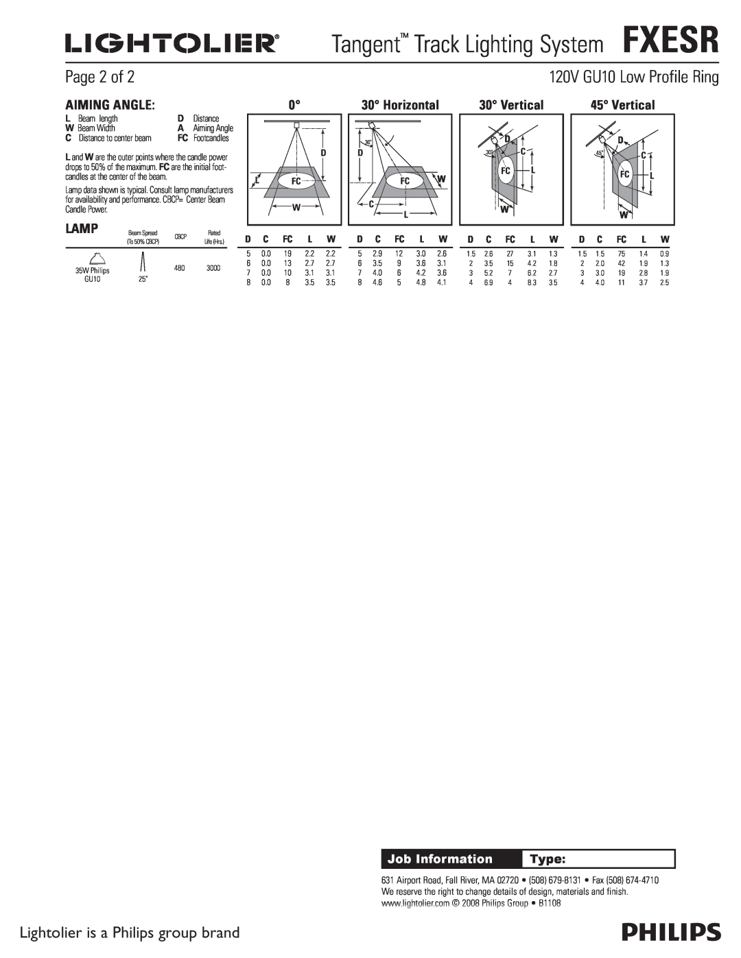 Lightolier Page 2 of, Aiming Angle, Lamp, Horizontal, Vertical, Tangent Track Lighting SystemFXESR, Job Information 