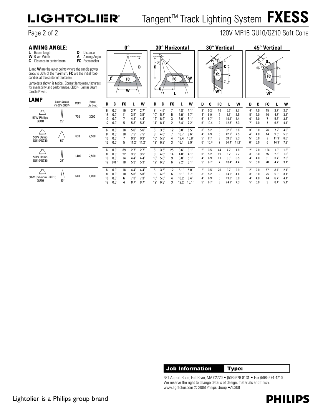 Lightolier FXESS manual Aiming Angle, Lamp, Horizontal Vertical, Fc L W D C Fc L W 