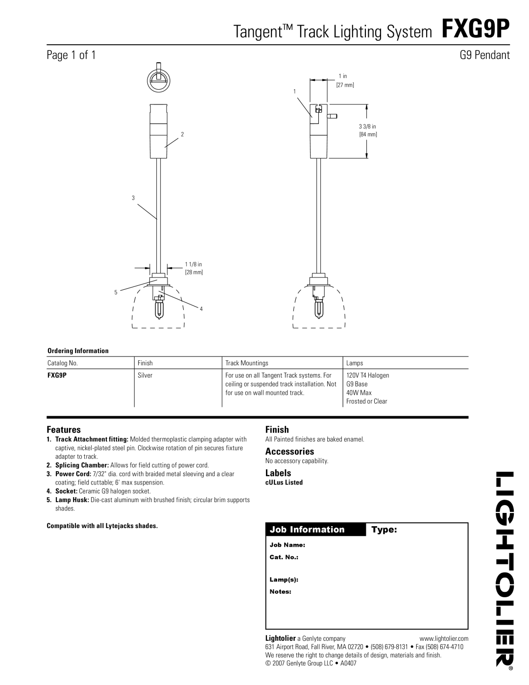 Lightolier manual Tangent Track Lighting System FXG9P, G9 Pendant 