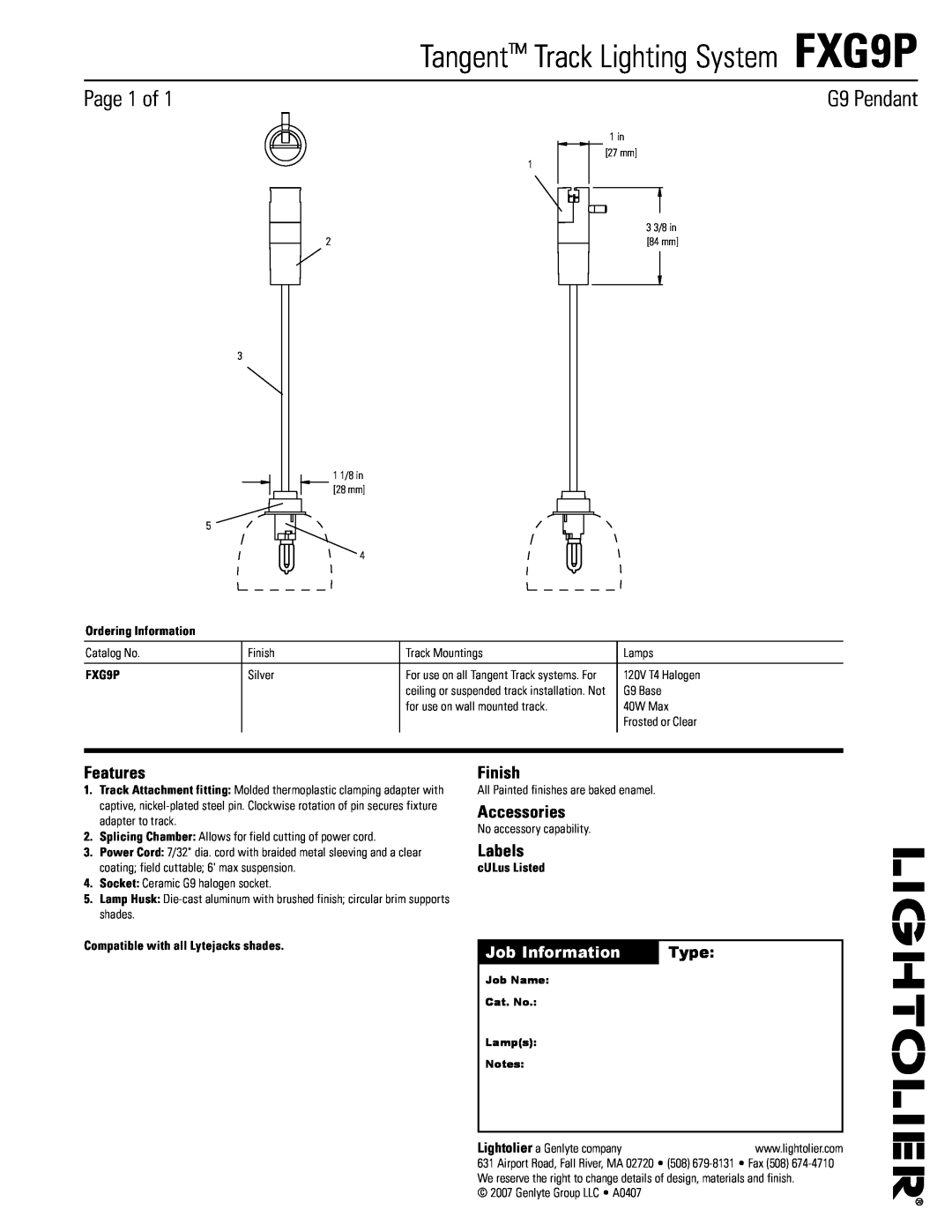 Lightolier manual Tangent Track Lighting System FXG9P, Page of, G9 Pendant, Features, Finish, Accessories, Labels, Type 
