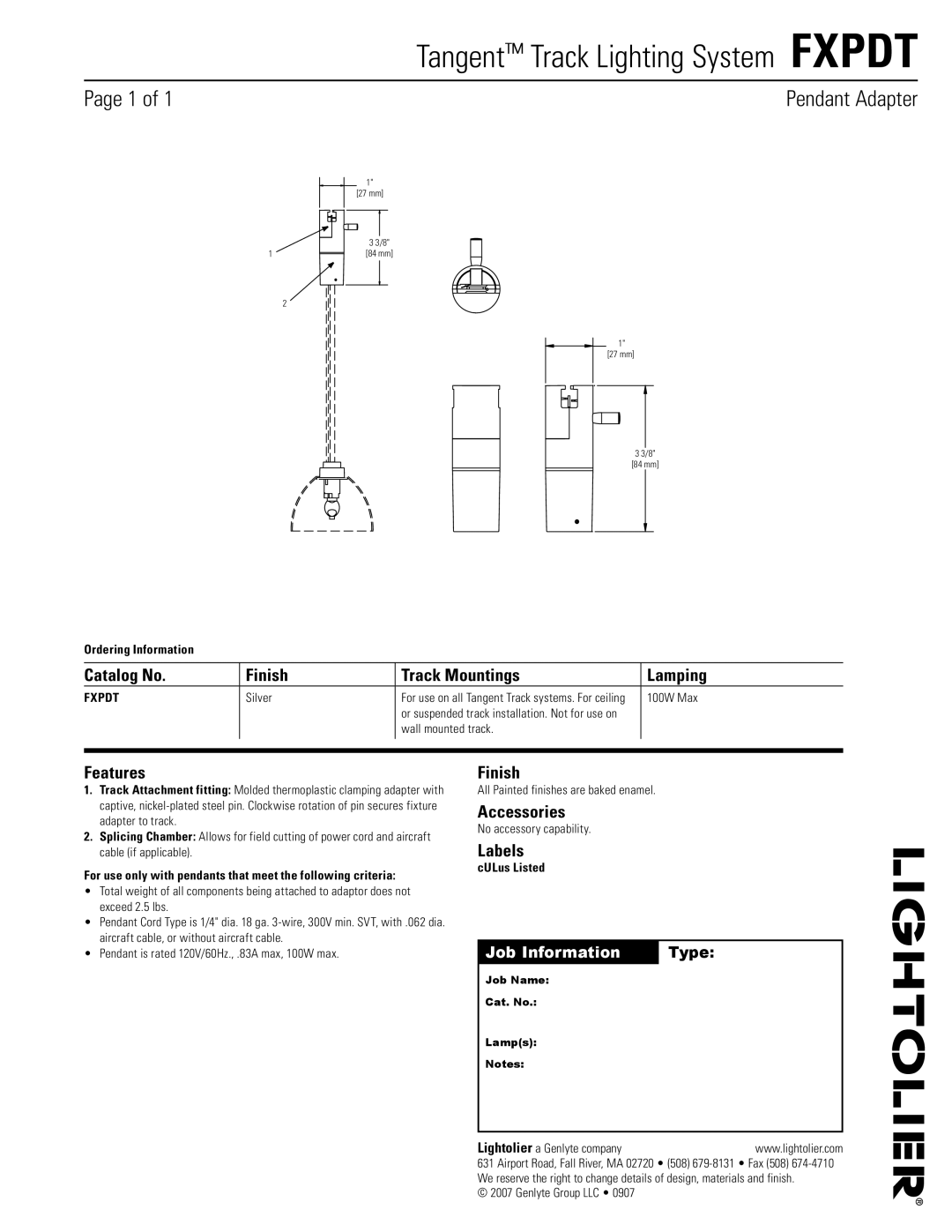 Lightolier FXPDT manual Tangent Track Lighting System Fxpdt, Pendant Adapter 