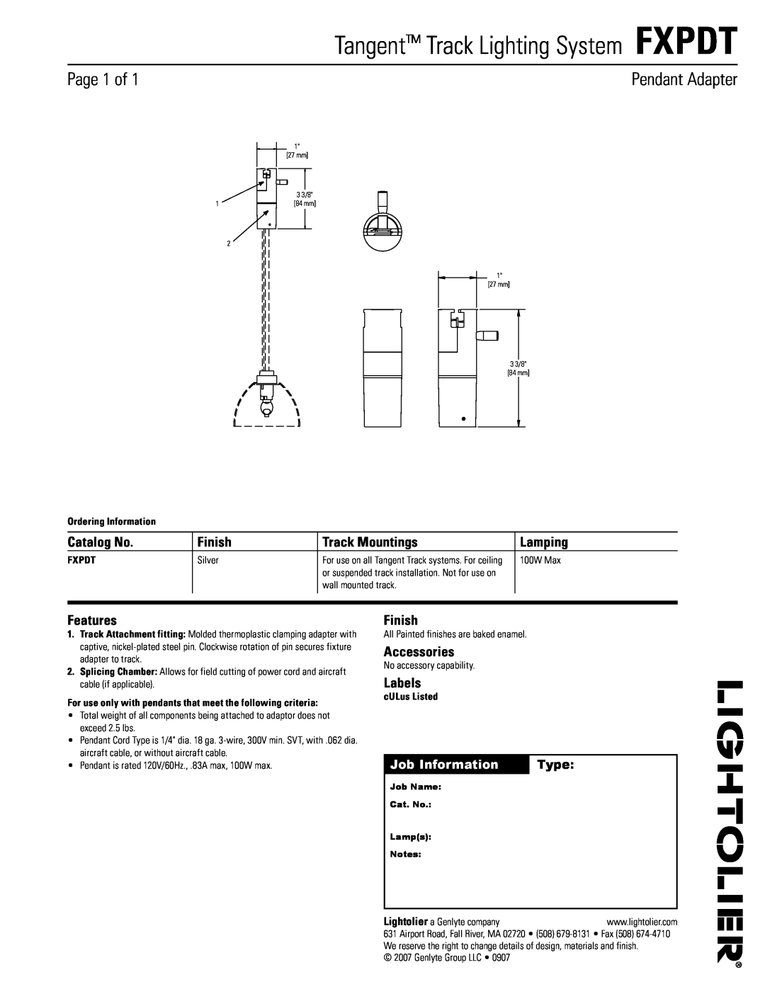 Lightolier manual Tangent Track Lighting System FXPDT, Page of, Pendant Adapter, Catalog No, Finish, Track Mountings 
