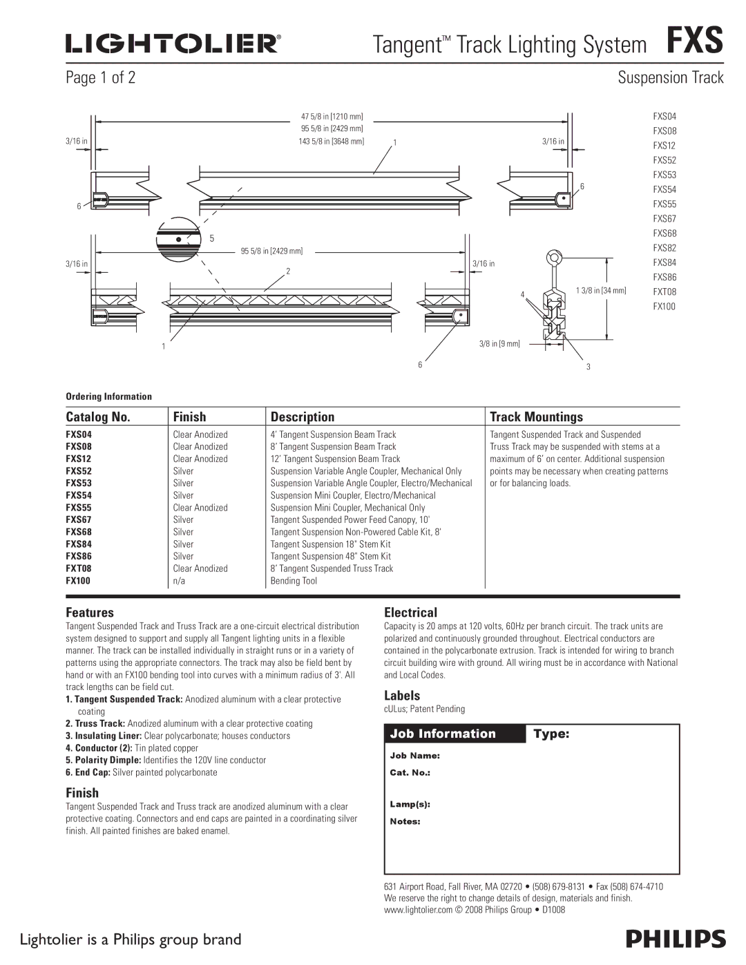 Lightolier FXS manual Catalog No Finish Description Track Mountings, Features, Electrical, Labels 