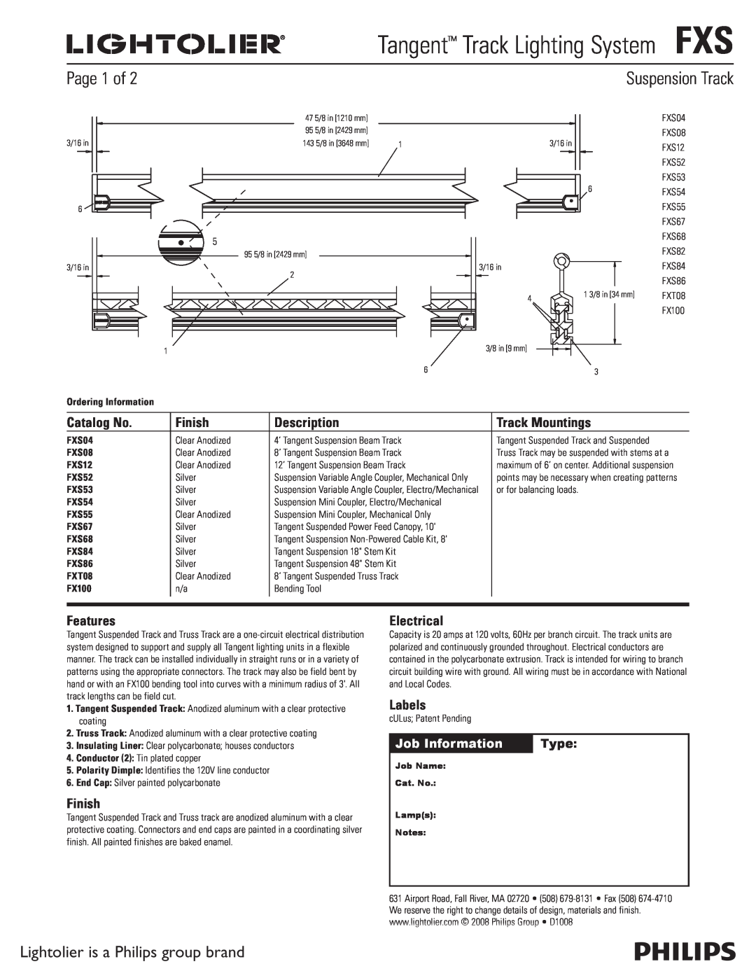 Lightolier manual Tangent Track Lighting SystemFXS, Page 1 of, Lightolier is a Philips group brand, Catalog No, Finish 
