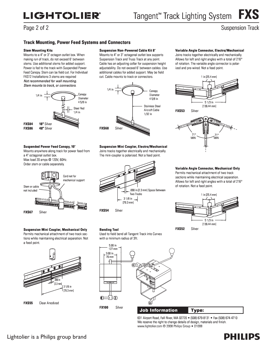Lightolier FXS manual Suspension Track, Page 2 of, Track Mounting, Power Feed Systems and Connectors, Job Information, Type 