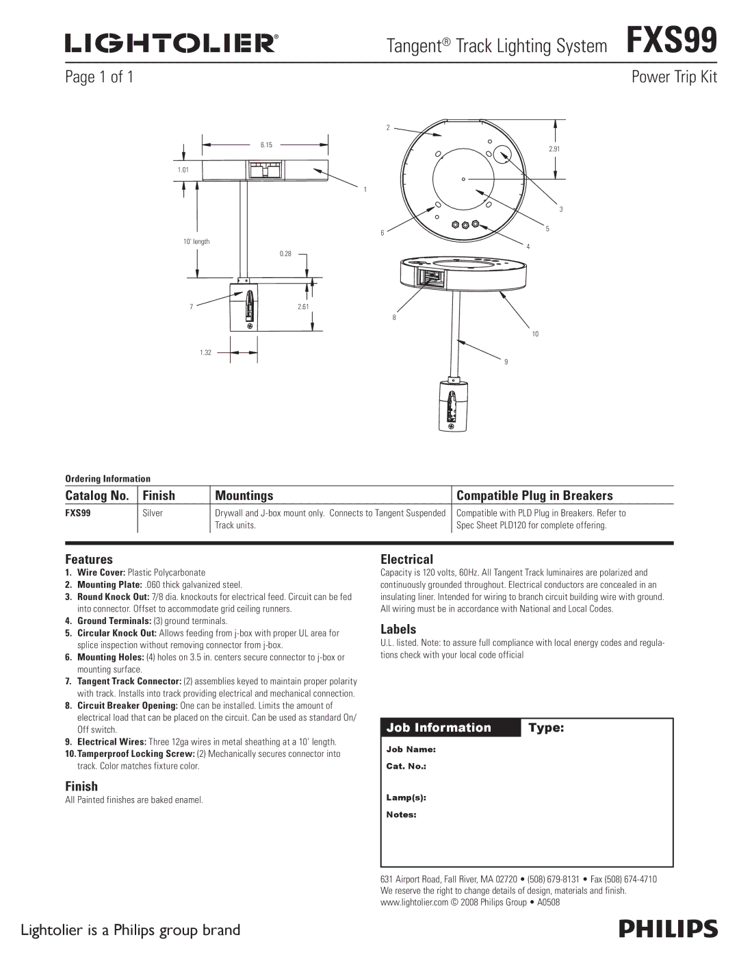 Lightolier manual Tangent Track Lighting System FXS99, Power Trip Kit, Lightolier is a Philips group brand 