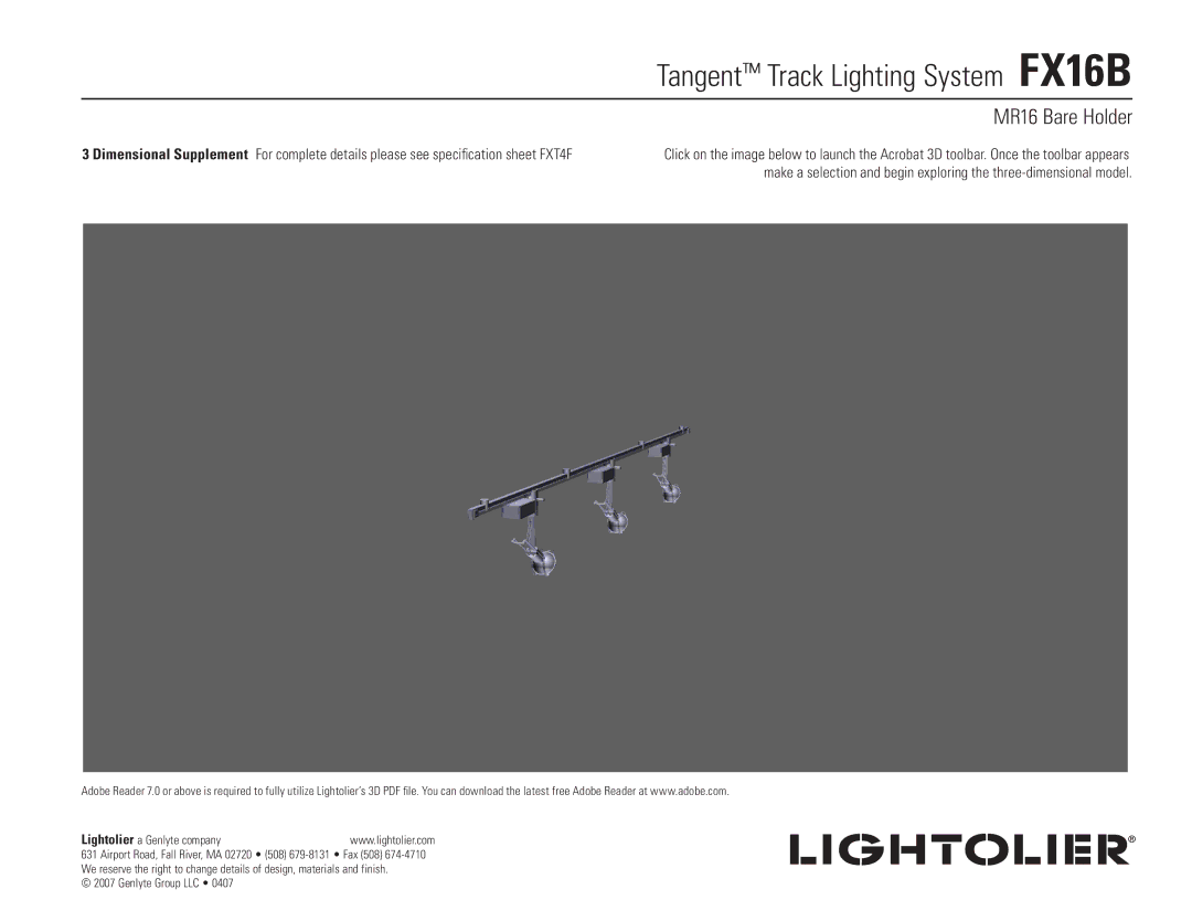 Lightolier FXT4F specifications Tangent Track Lighting System FX16B, MR16 Bare Holder 