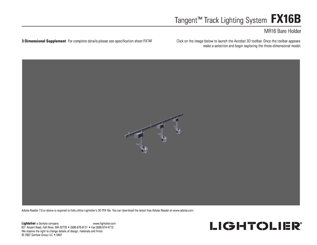 Lightolier FXT4F specifications Tangent Track Lighting System FX16B, MR16 Bare Holder 