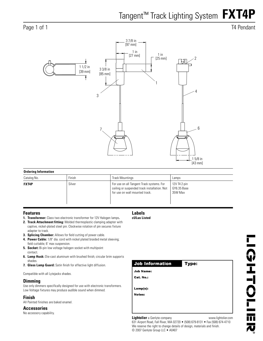 Lightolier manual Tangent Track Lighting System FXT4P, T4 Pendant 