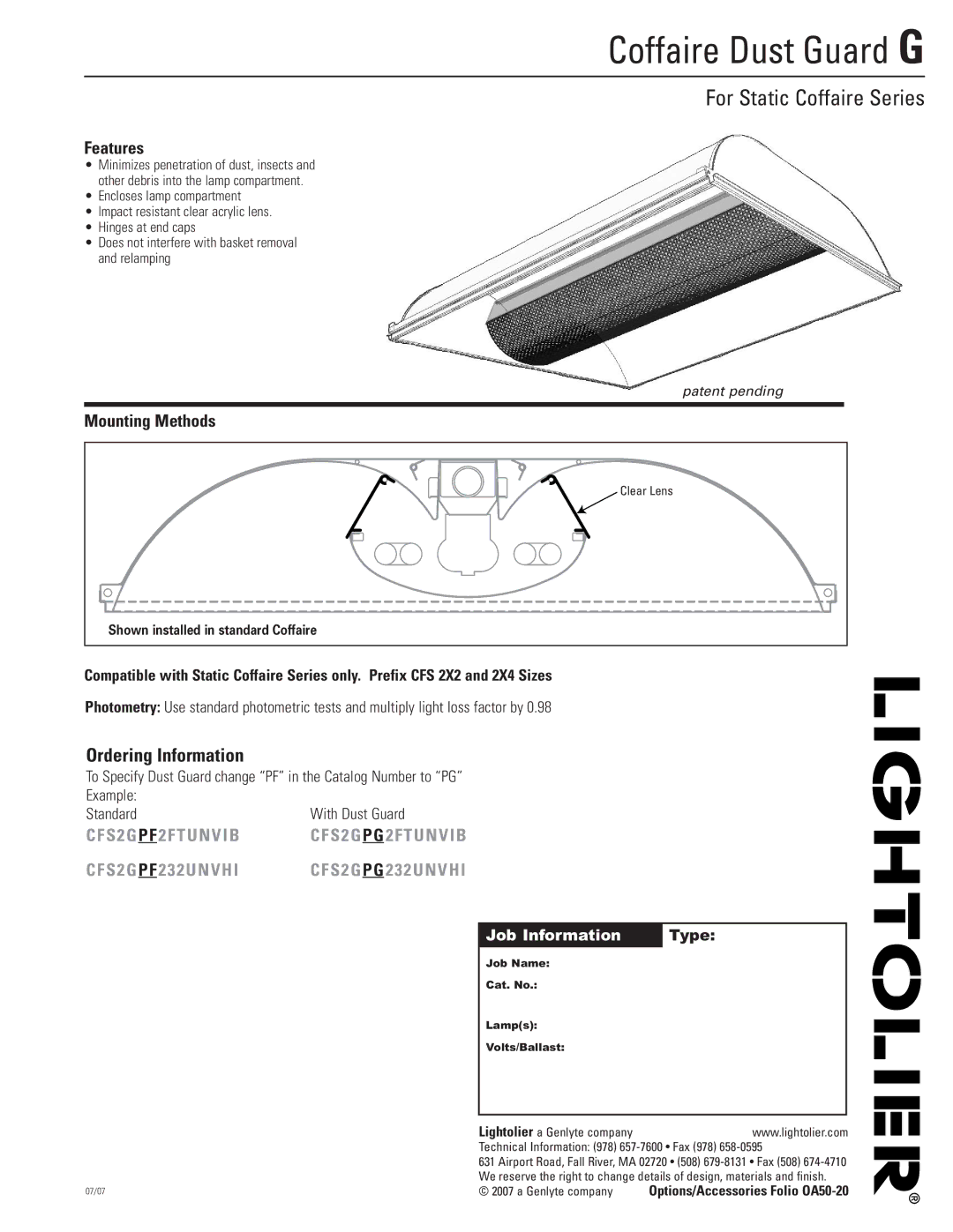 Lightolier manual Coffaire Dust Guard G, For Static Coffaire Series, Features, Mounting Methods, Job Information Type 