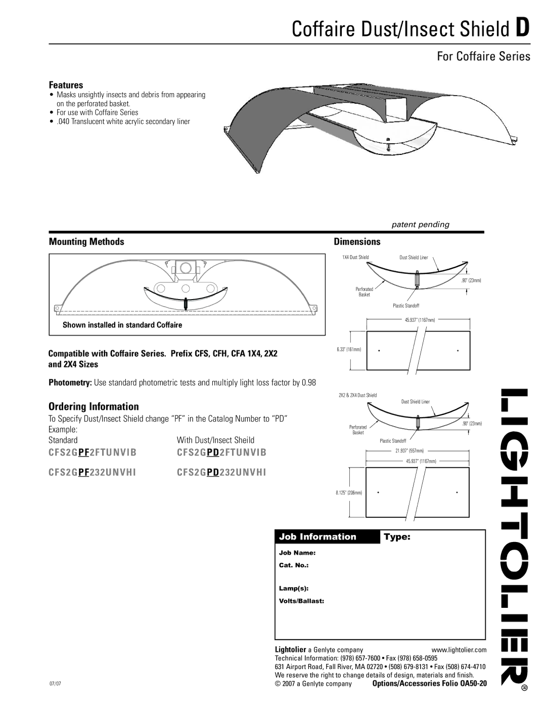 Lightolier G manual Coffaire Dust/Insect Shield D, For Coffaire Series, Job Information 