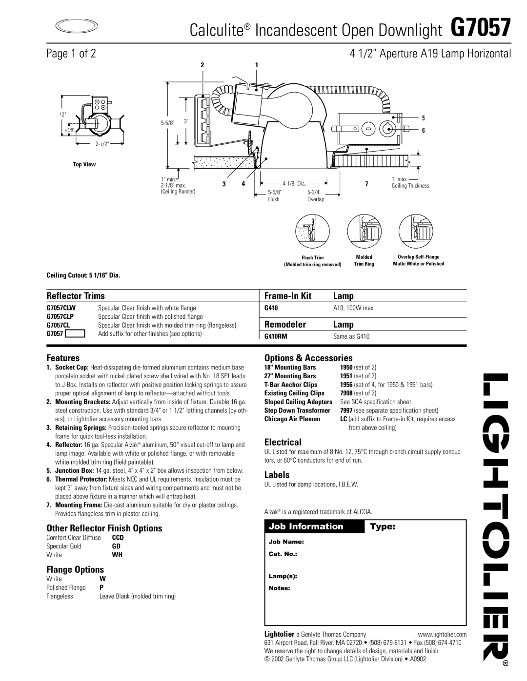 Lightolier G7057 specifications Reflector Trims Frame-In Kit Lamp, Remodeler Lamp, Features, Options & Accessories, Labels 