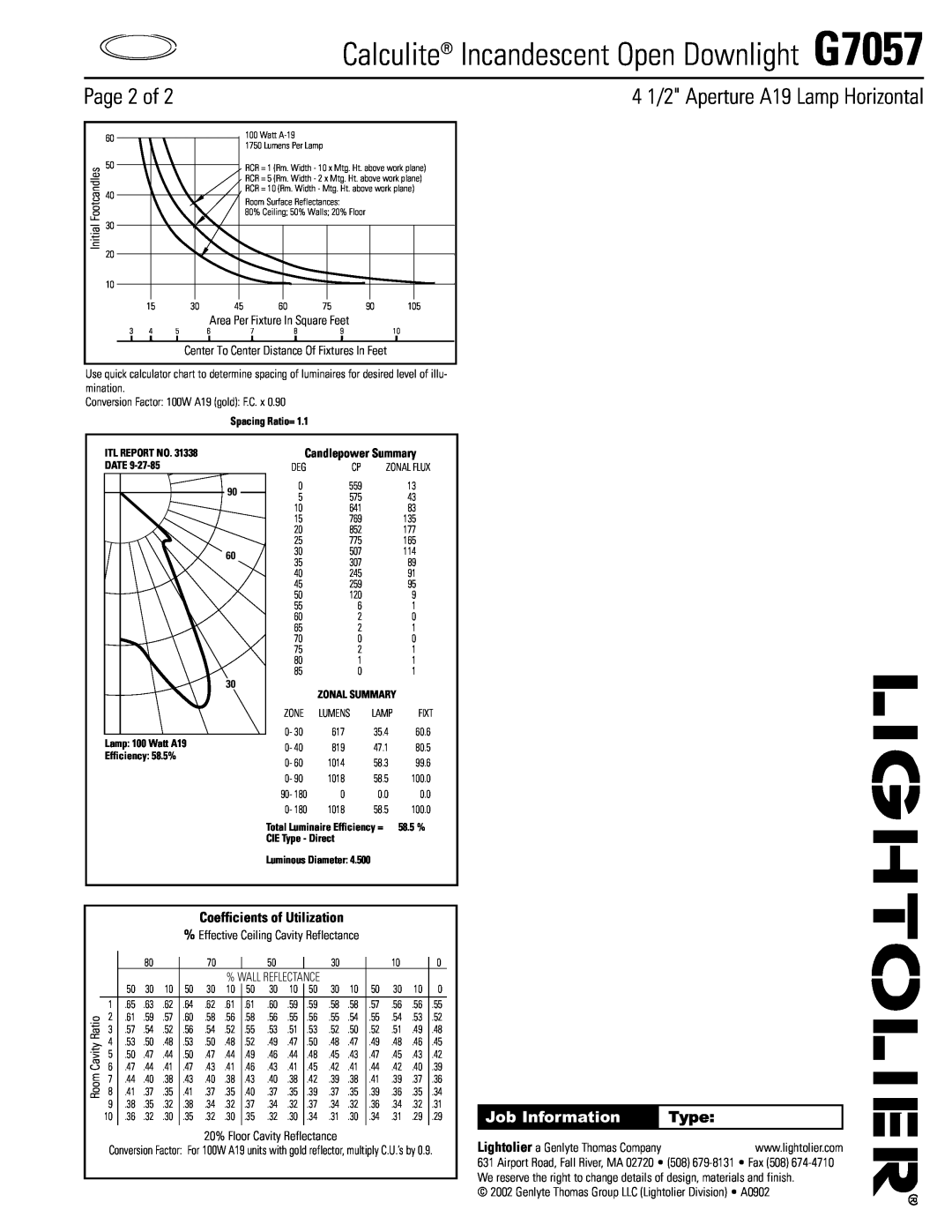 Lightolier Calculite Incandescent Open Downlight G7057, Page 2 of, 4 1/2 Aperture A19 Lamp Horizontal, Job Information 