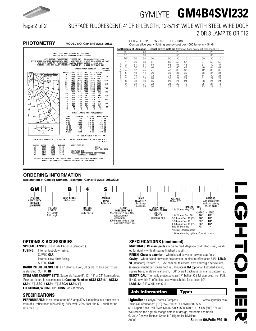 Lightolier GM4B4SVI232 dimensions Photometry, Ordering Information, Options & Accessories, Specifications 