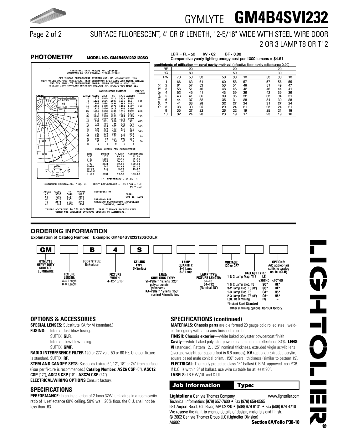 Lightolier GM4B4SVI232 Page 2 of, Photometry, Ordering Information, Options & Accessories, Specifications, Job Information 