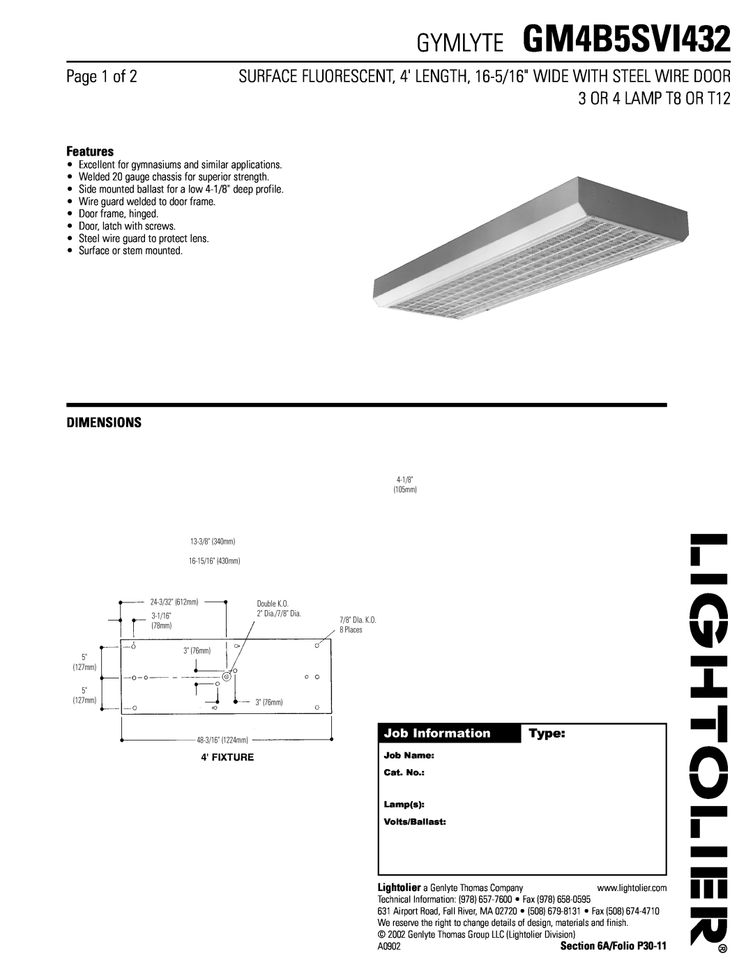Lightolier dimensions GYMLYTE GM4B5SVI432, Page 1 of, 3 OR 4 LAMP T8 OR T12, Features, Dimensions, Job Information 