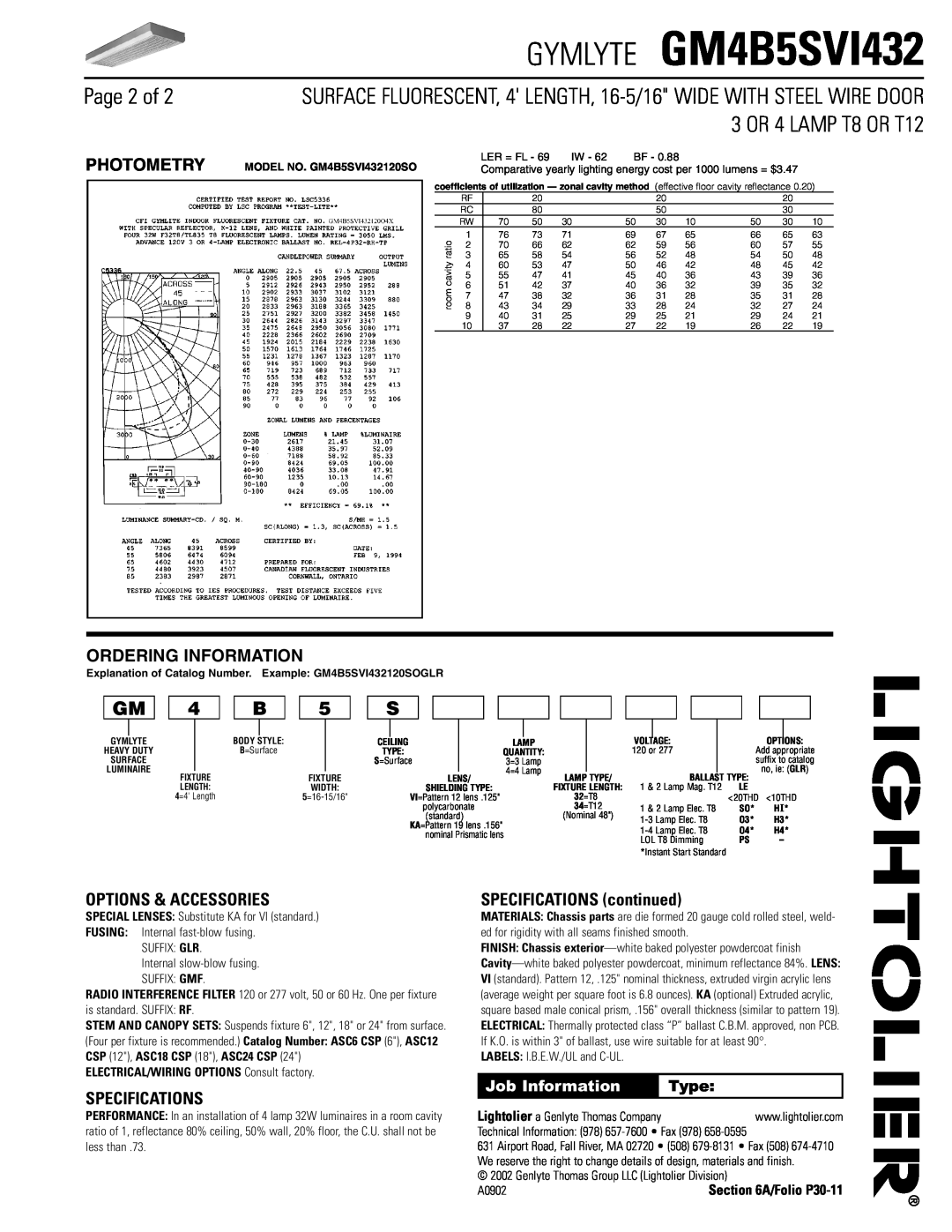 Lightolier GM4B5SVI432 Page 2 of, Photometry, Ordering Information, Options & Accessories, Specifications, Job Information 