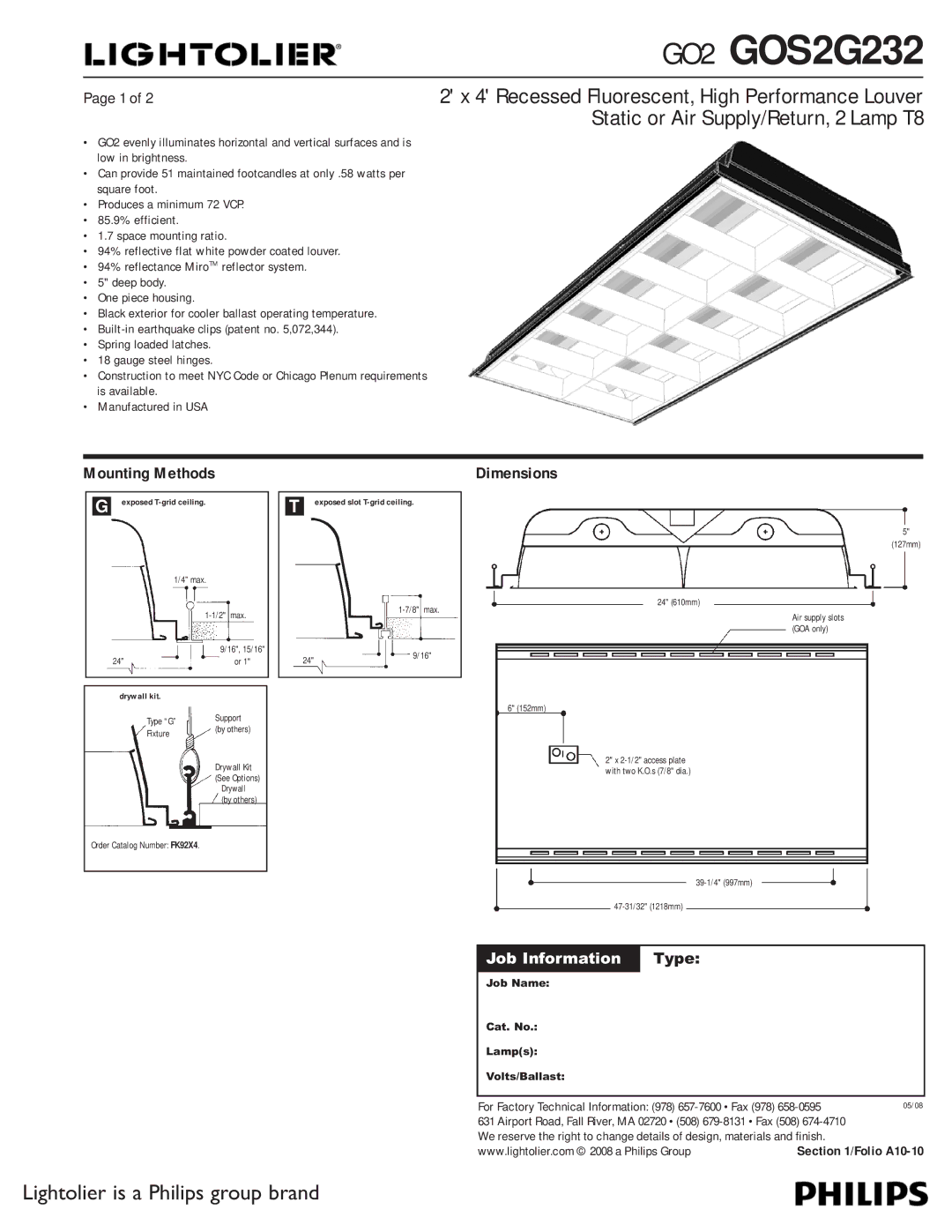 Lightolier GOS2G232 dimensions Mounting Methods, Dimensions, Job Information 