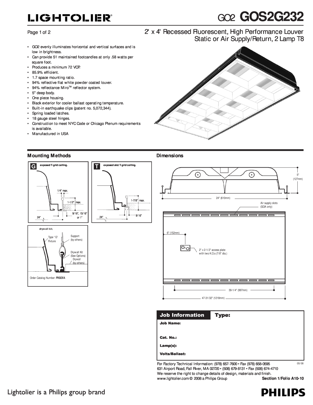 Lightolier dimensions GO2 GOS2G232, Lightolier is a Philips group brand, Mounting Methods, Dimensions, Page 1 of, Type 