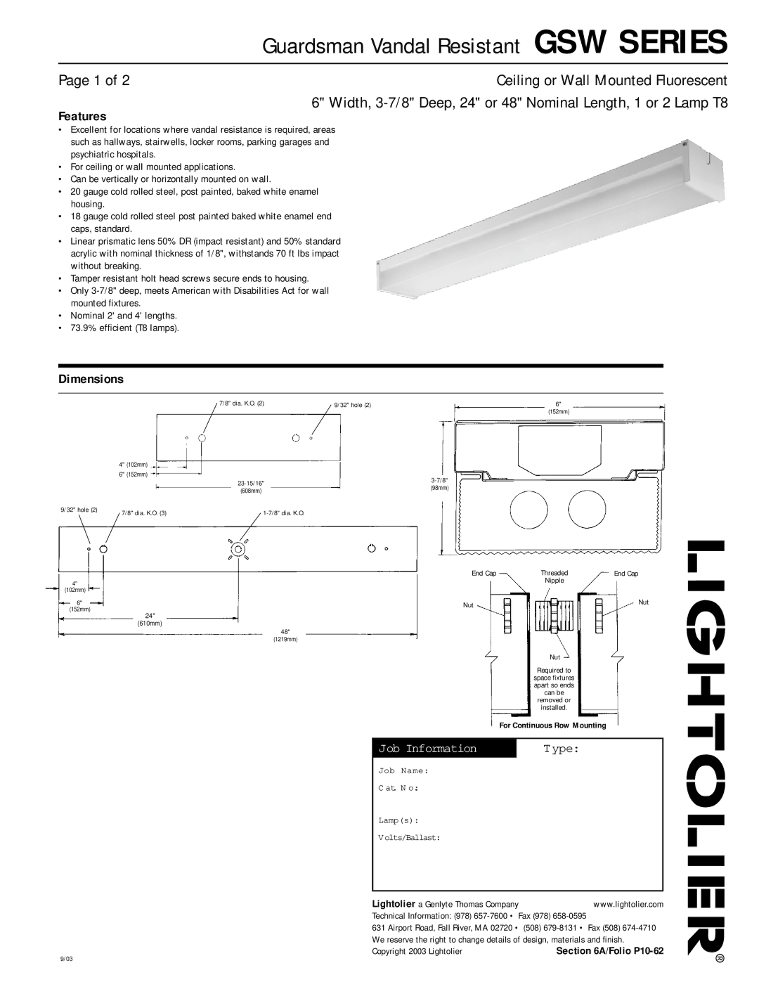 Lightolier GSW SERIES dimensions Features, Dimensions, Job Information 