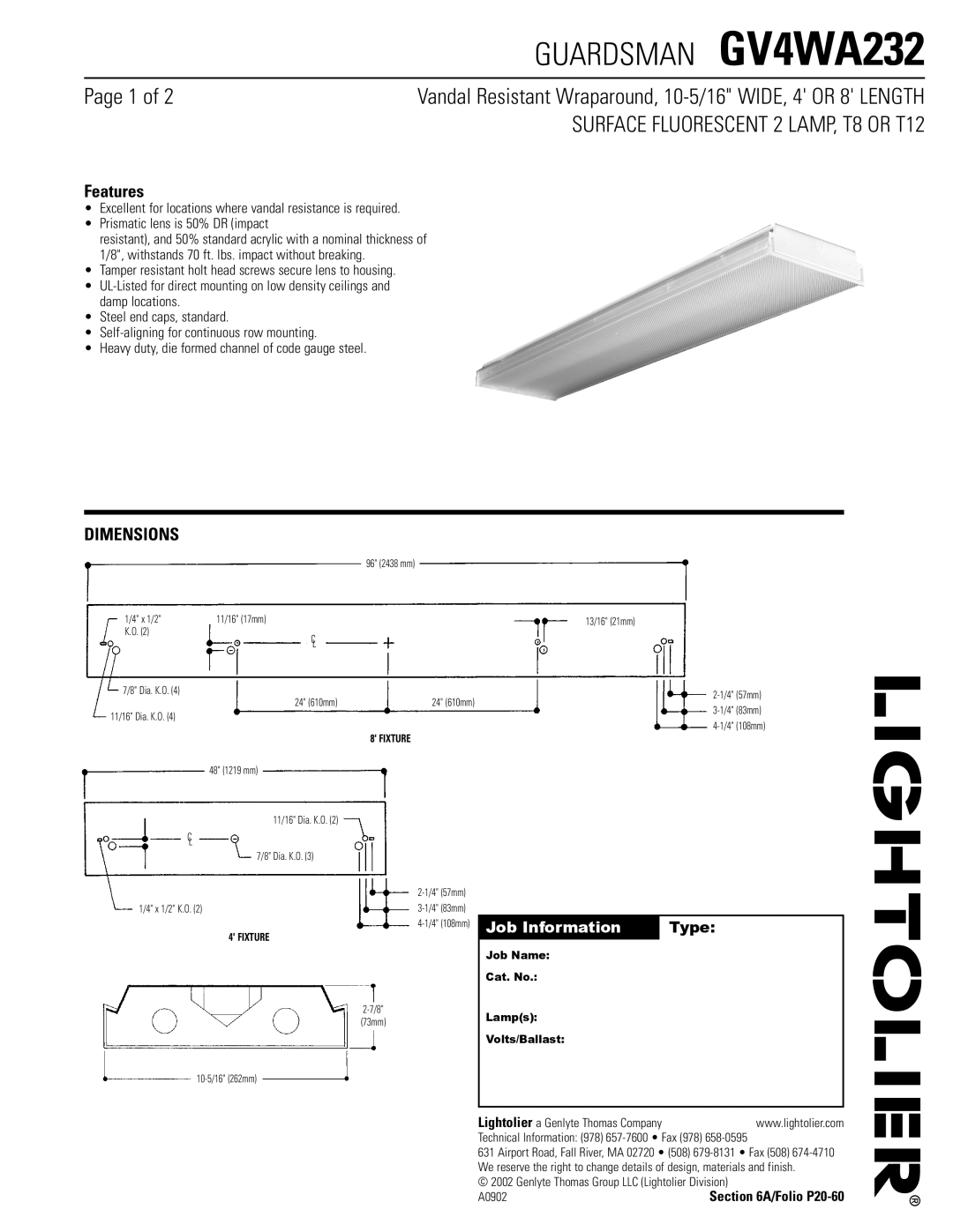 Lightolier dimensions Guardsman GV4WA232, Dimensions 