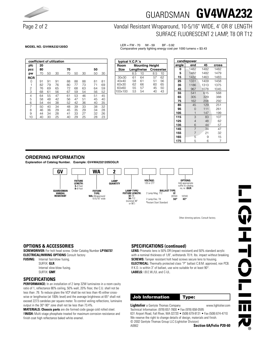 Lightolier GV4WA232 dimensions Ordering Information, Options & Accessories, Specifications 