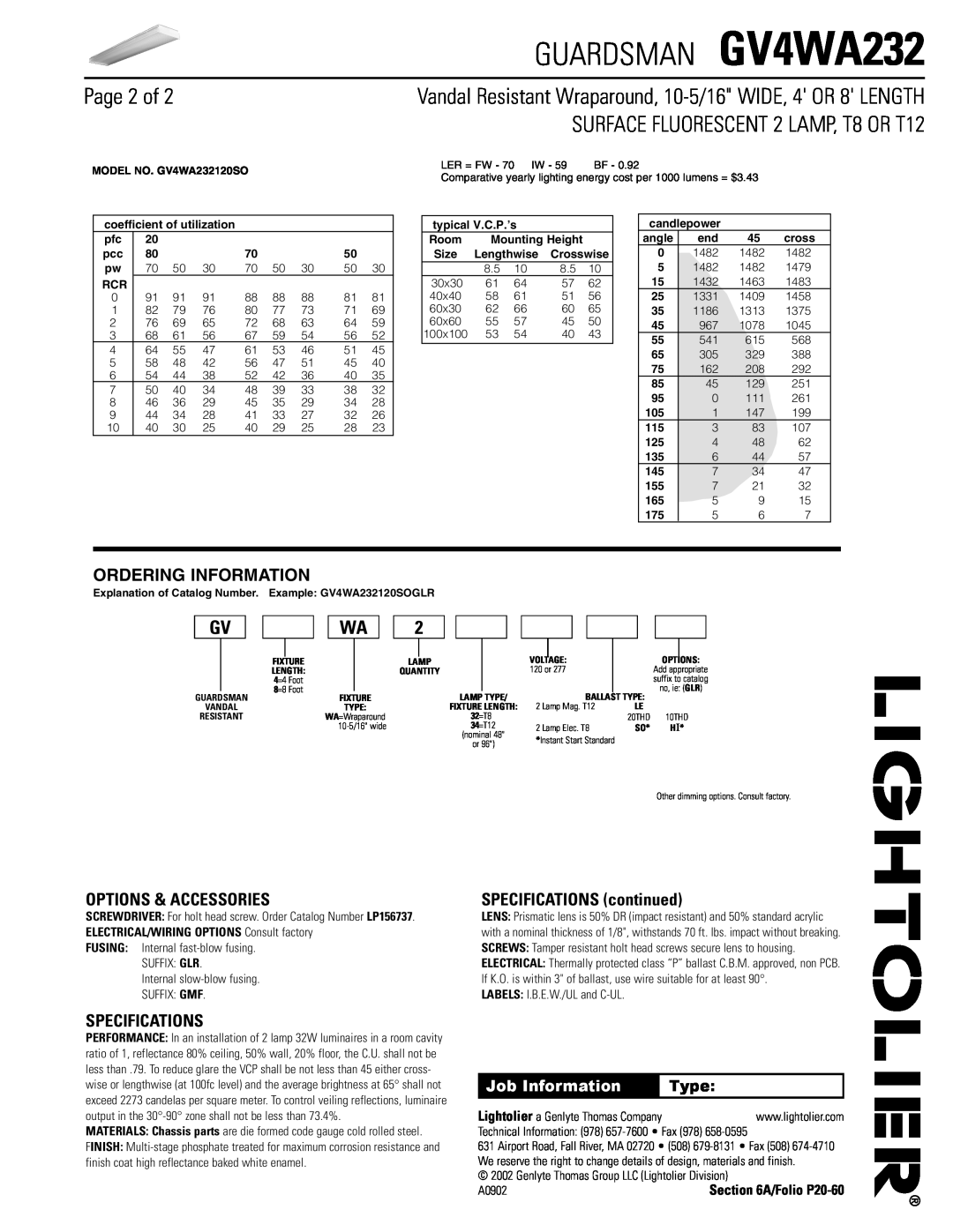 Lightolier GV4WA232 Page 2 of, SURFACE FLUORESCENT 2 LAMP, T8 OR T12, Ordering Information, Options & Accessories, Type 