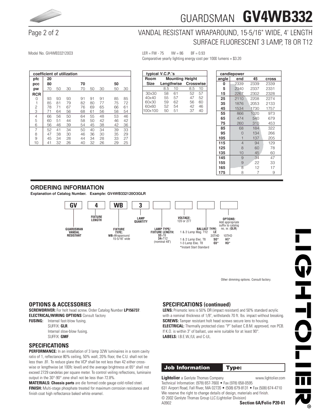 Lightolier GV4WB332 dimensions Ordering Information, Options & Accessories, Specifications 